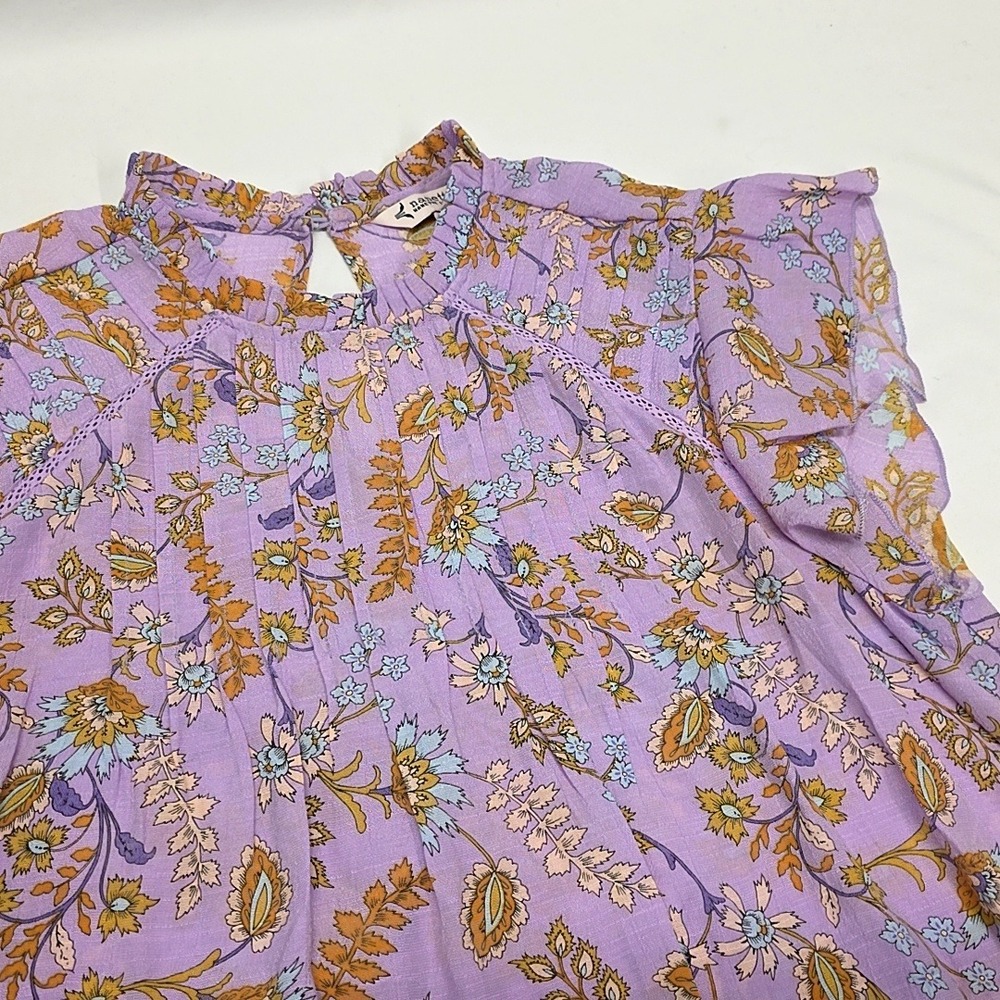 Nanette Lepore Blouse Womens Medium Purple Floral Flutter Sleeve High Neck Lace